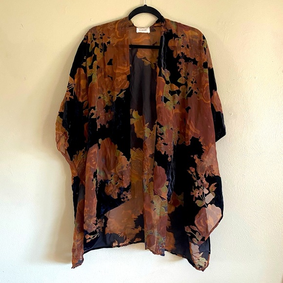 A.MUSE Semi-Sheer Chiffon Velvet Burnout Open-Front Kimono Jacket Brown Floral - Picture 1 of 6